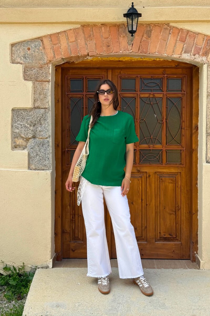 SINGLE POCKET DETAIL SIMPLE WOMEN T-SHIRT GREEN/JESHILE - 4