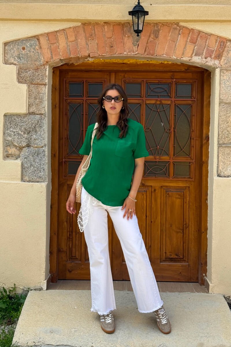 SINGLE POCKET DETAIL SIMPLE WOMEN T-SHIRT GREEN/JESHILE - 5
