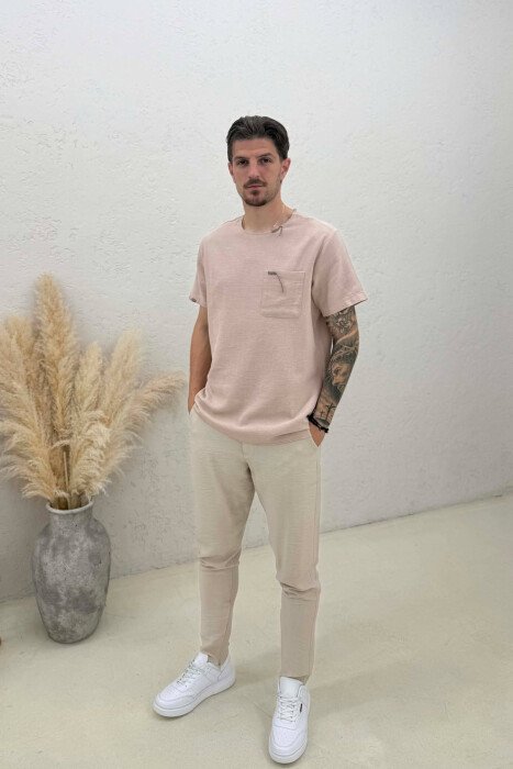 SINGLE POCKET DETAILS MEN T-SHIRT BEIGE/BEZHE - 3