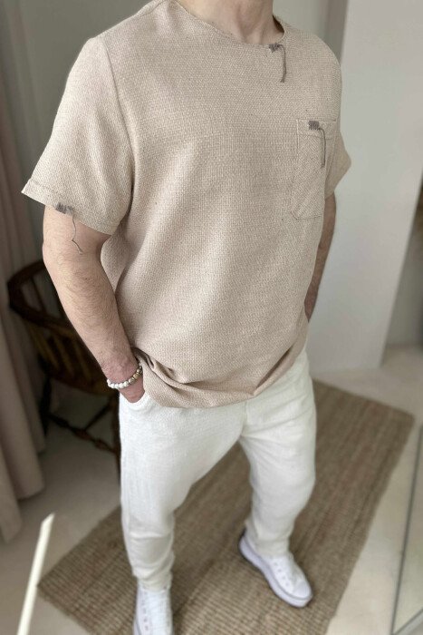 SINGLE POCKET DETAILS MEN T-SHIRT BEIGE/BEZHE - 2