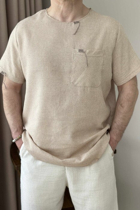 SINGLE POCKET DETAILS MEN T-SHIRT BEIGE/BEZHE - 4