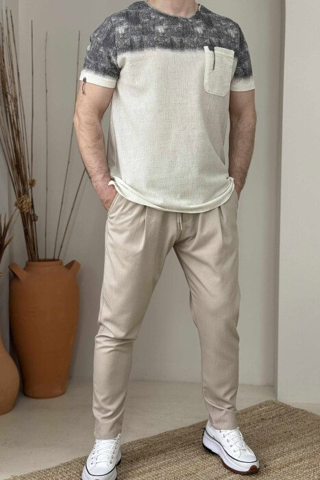 SINGLE POCKET DETAILS MEN T-SHIRT CREAM+GREY/KREM+GRI - 1