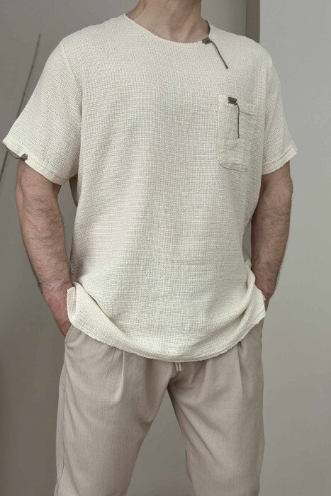 SINGLE POCKET DETAILS MEN T-SHIRT CREAM/KREM - 3