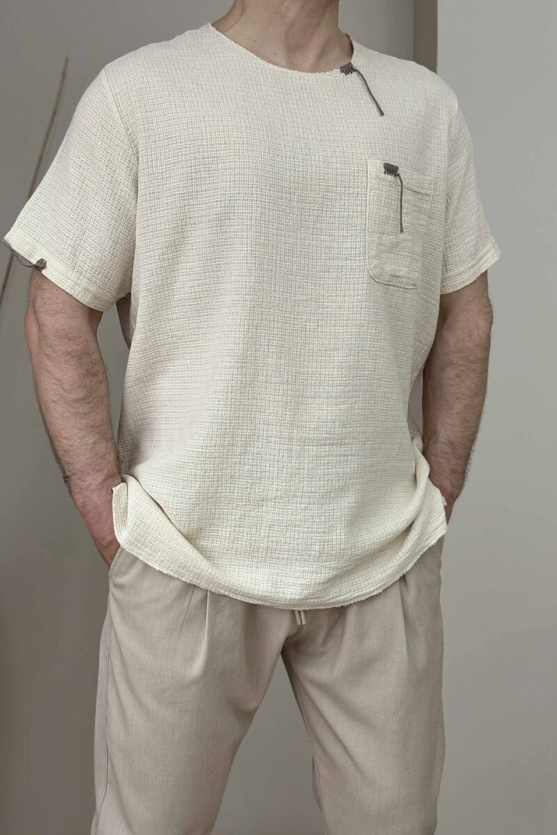 SINGLE POCKET DETAILS MEN T-SHIRT CREAM/KREM - 3