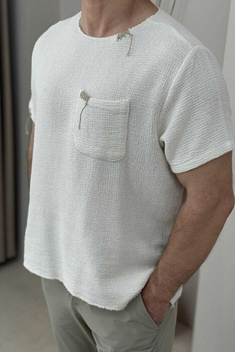 SINGLE POCKET DETAILS MEN T-SHIRT WHITE-E BARDHE - 3