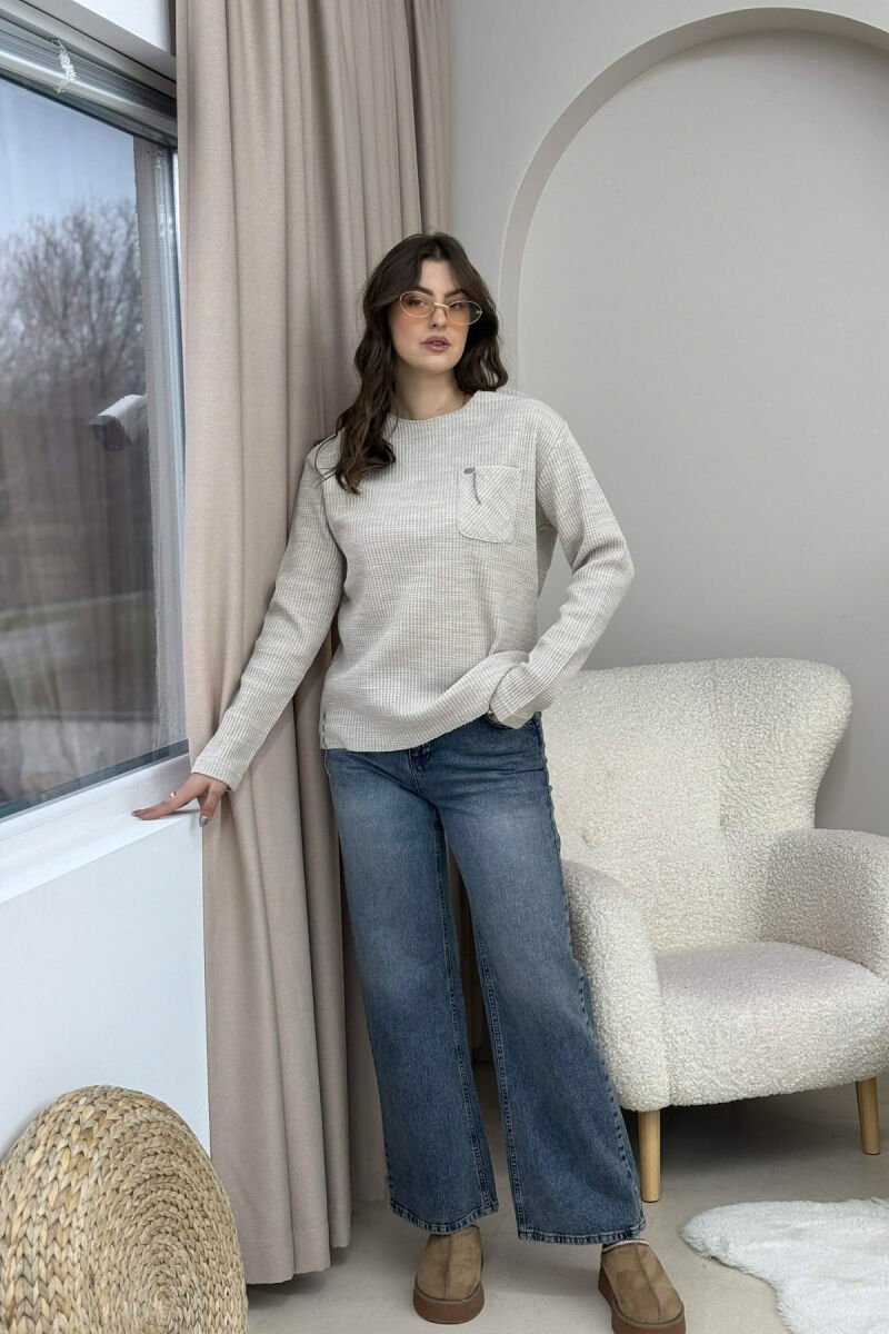 SINGLE POCKET LONG SLEEVES WOMEN SWEATER BEIGE/BEZHE - 1