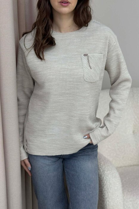 SINGLE POCKET LONG SLEEVES WOMEN SWEATER BEIGE/BEZHE - 2