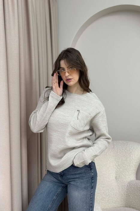 SINGLE POCKET LONG SLEEVES WOMEN SWEATER BEIGE/BEZHE - 4