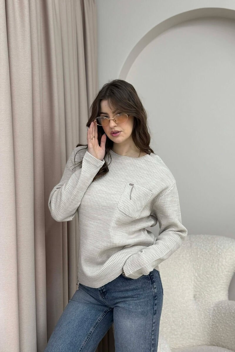 SINGLE POCKET LONG SLEEVES WOMEN SWEATER BEIGE/BEZHE - 4