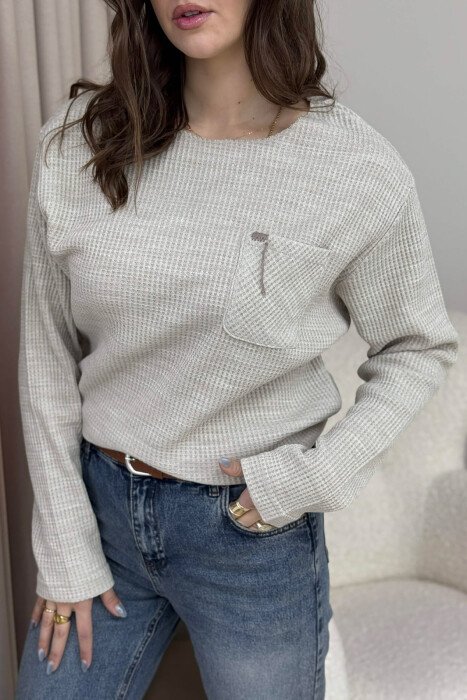 SINGLE POCKET LONG SLEEVES WOMEN SWEATER BEIGE/BEZHE - 5