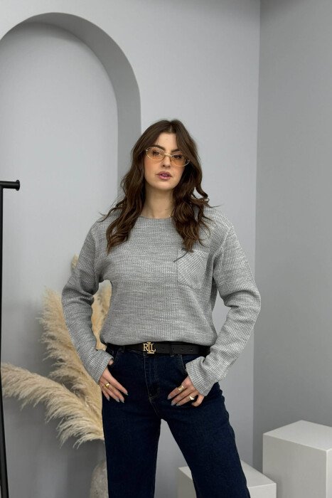 SINGLE POCKET LONG SLEEVES WOMEN SWEATER GREY/GRI - 2