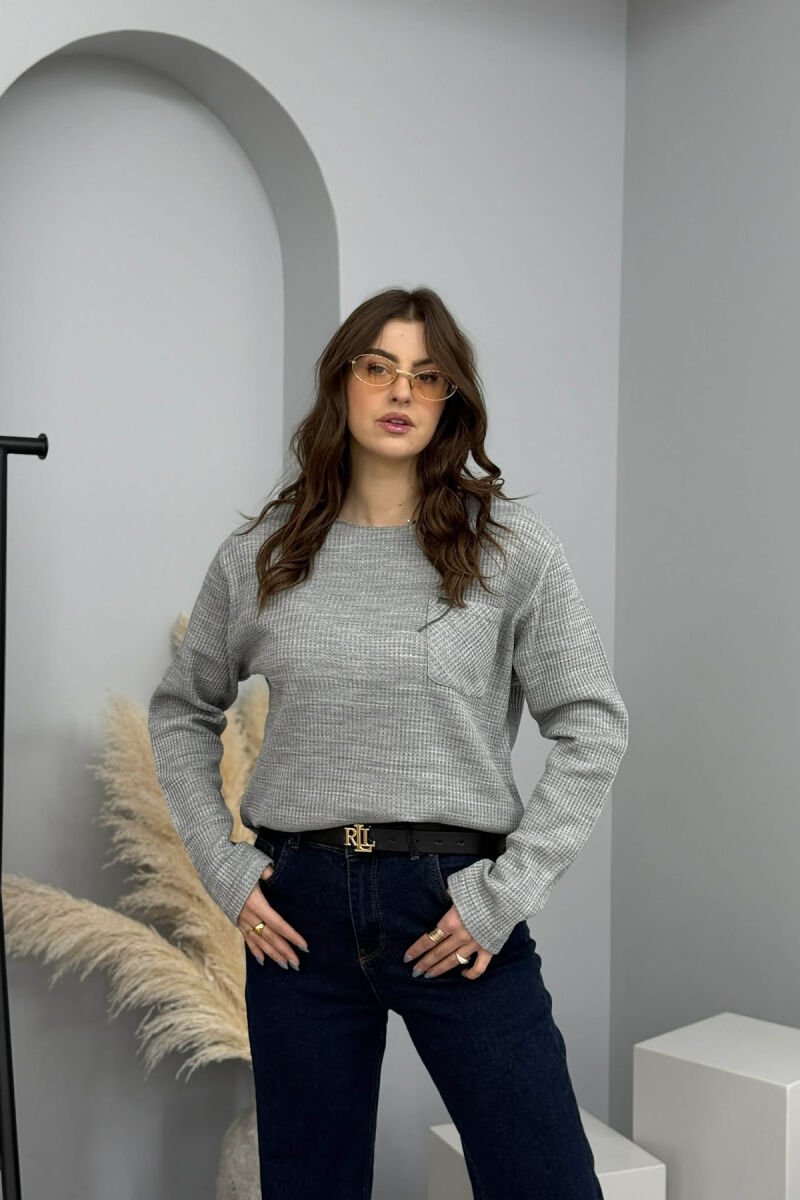 SINGLE POCKET LONG SLEEVES WOMEN SWEATER GREY/GRI - 2