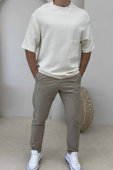 SINGLE POCKET ONE COLOR MEN T-SHIRT CREAM/KREM - 