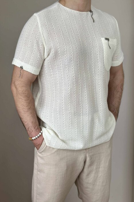 SINGLE POCKET ONE COLOR MEN T-SHIRT CREAM/KREM - KLAUDIO FASHION