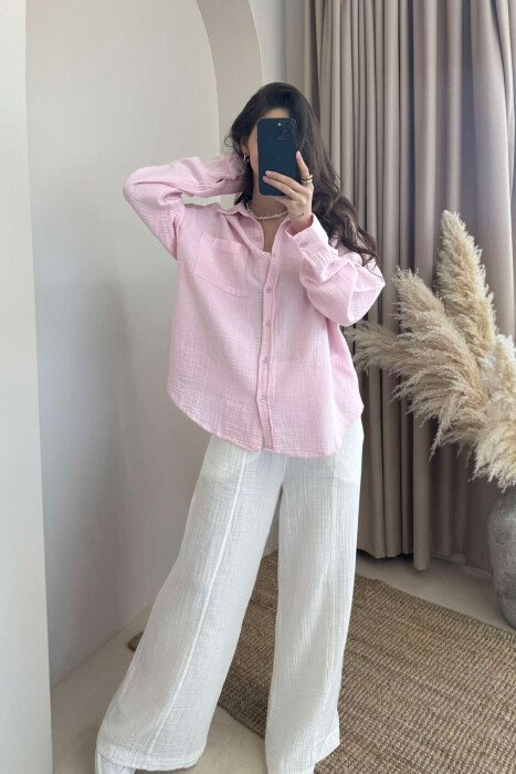 SINGLE POCKET ONE COLOR WOMEN SHIRT BABY PINK/ROZB 