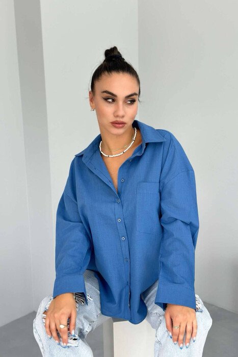 SINGLE POCKET ONE COLOR WOMEN SHIRT BLUE/BLU - KLAUDIO FASHION