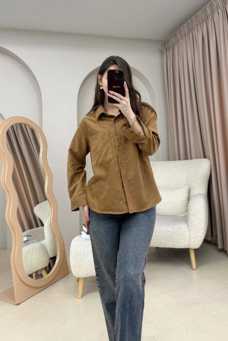 SINGLE POCKET ONE COLOR WOMEN SHIRT BROWN/KAFE - 8