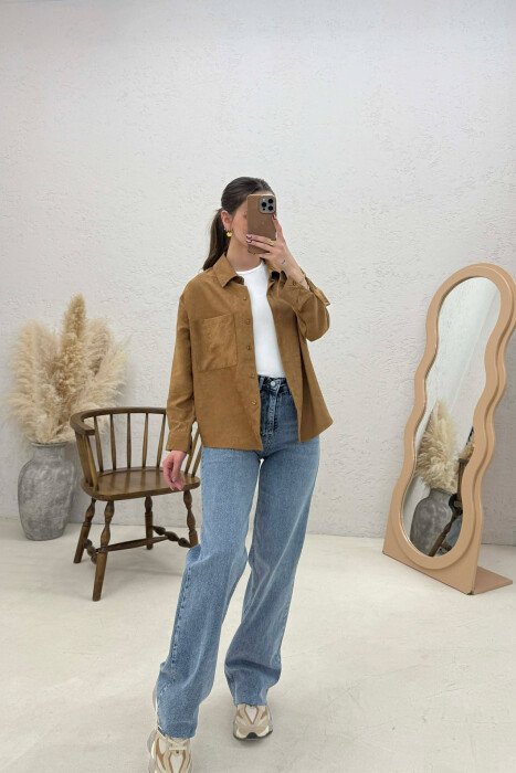 SINGLE POCKET ONE COLOR WOMEN SHIRT BROWN/KAFE - 1