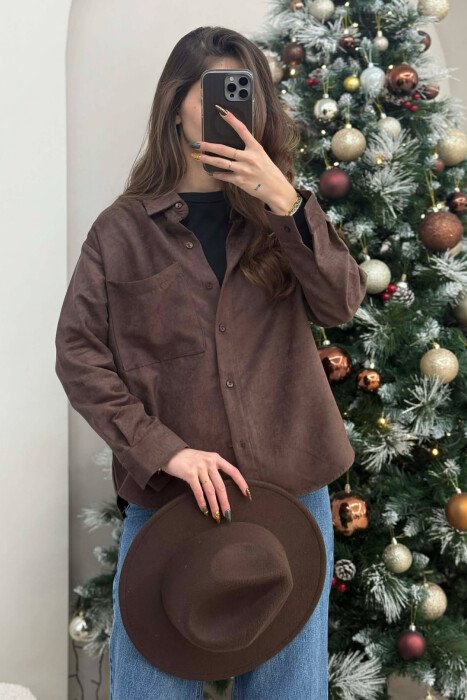 SINGLE POCKET ONE COLOR WOMEN SHIRT DARK BROWN/KAE - 3
