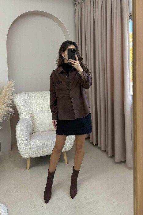 SINGLE POCKET ONE COLOR WOMEN SHIRT DARK BROWN/KAE - 5