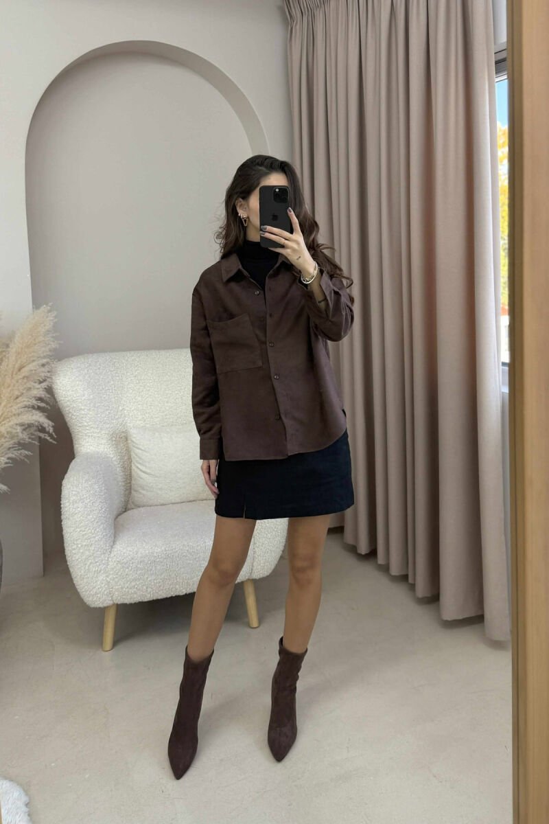SINGLE POCKET ONE COLOR WOMEN SHIRT DARK BROWN/KAE - 5