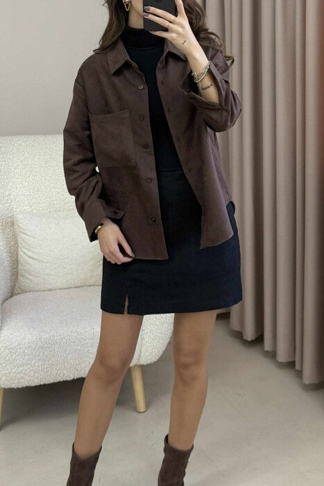 SINGLE POCKET ONE COLOR WOMEN SHIRT DARK BROWN/KAE - 8