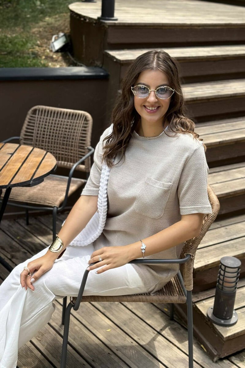SINGLE POCKET ONE COLOR WOMEN T-SHIRT BEIGE/BEZHE - 2