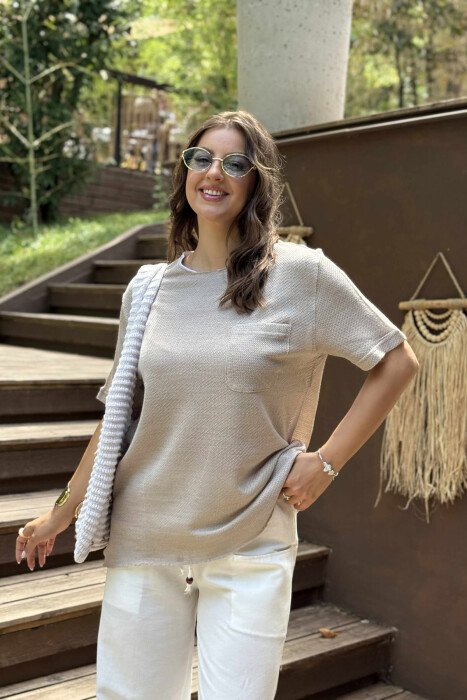 SINGLE POCKET ONE COLOR WOMEN T-SHIRT BEIGE/BEZHE - 4