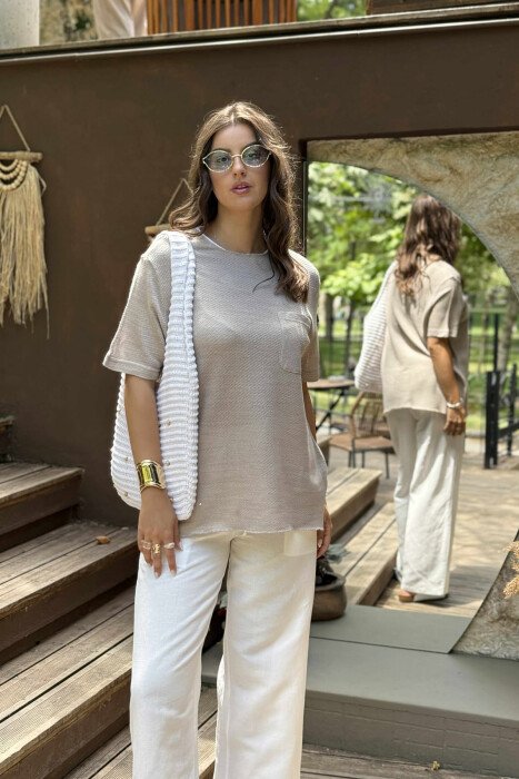 SINGLE POCKET ONE COLOR WOMEN T-SHIRT BEIGE/BEZHE - 5