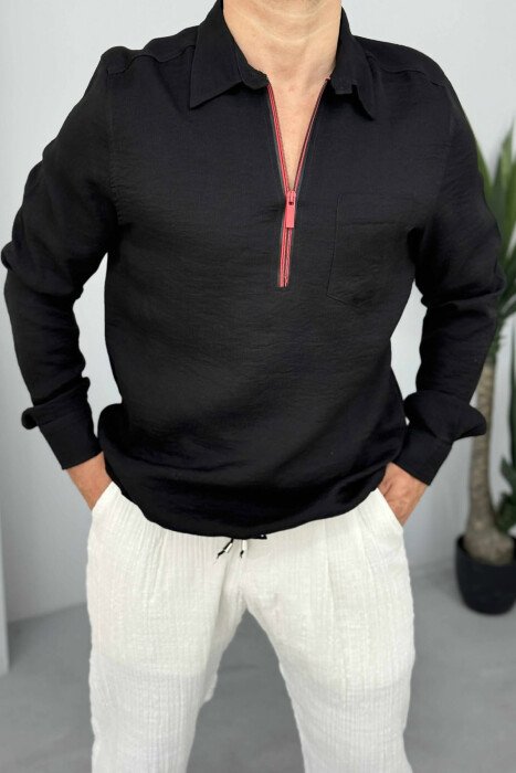SINGLE POCKET POLO NECK ZIPPERED MEN SHIRT BLACK/ E ZEZE - 3