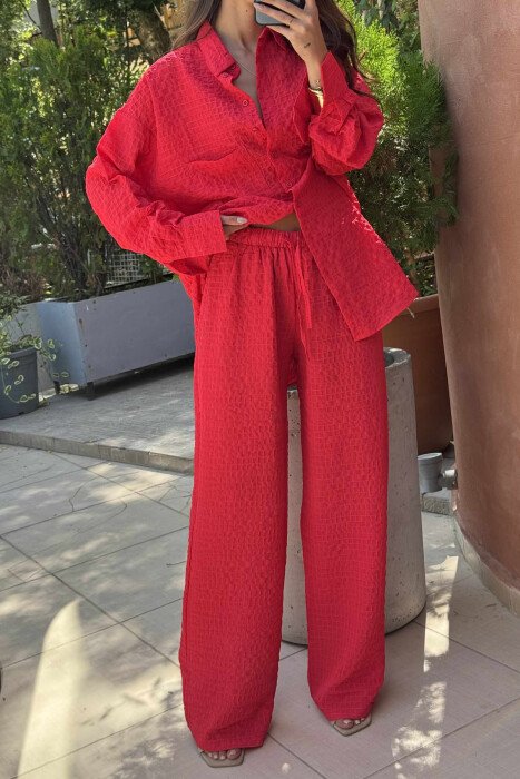 SINGLE POCKET SHIRT+TROUSERS WOMEN SET RED/E KUQE - 3