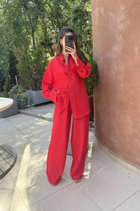 SINGLE POCKET SHIRT+TROUSERS WOMEN SET RED/E KUQE - 1