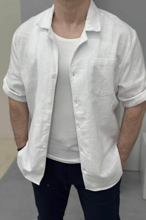 SINGLE POCKET SHORT SLEEVES ONE COLOR MEN SHIRT WHITE-E BARDHE - KLAUDIO FASHION