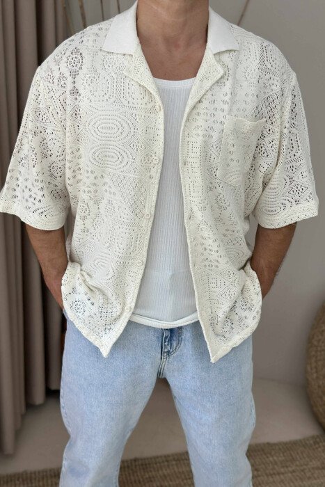 SINGLE POCKET SHORT SLEEVES SIMPLE MEN SHIRT CREAM/KREM - 3