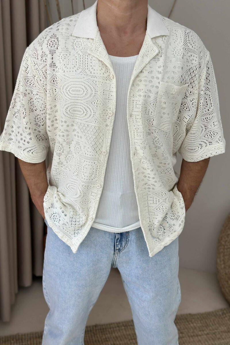 SINGLE POCKET SHORT SLEEVES SIMPLE MEN SHIRT CREAM/KREM - 3