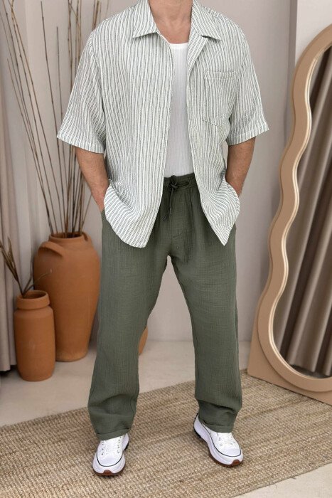 SINGLE POCKET SHORT SLEEVES STRIPED MEN SHIRT GREEN-CREAM/JESHILE-KREM - 1