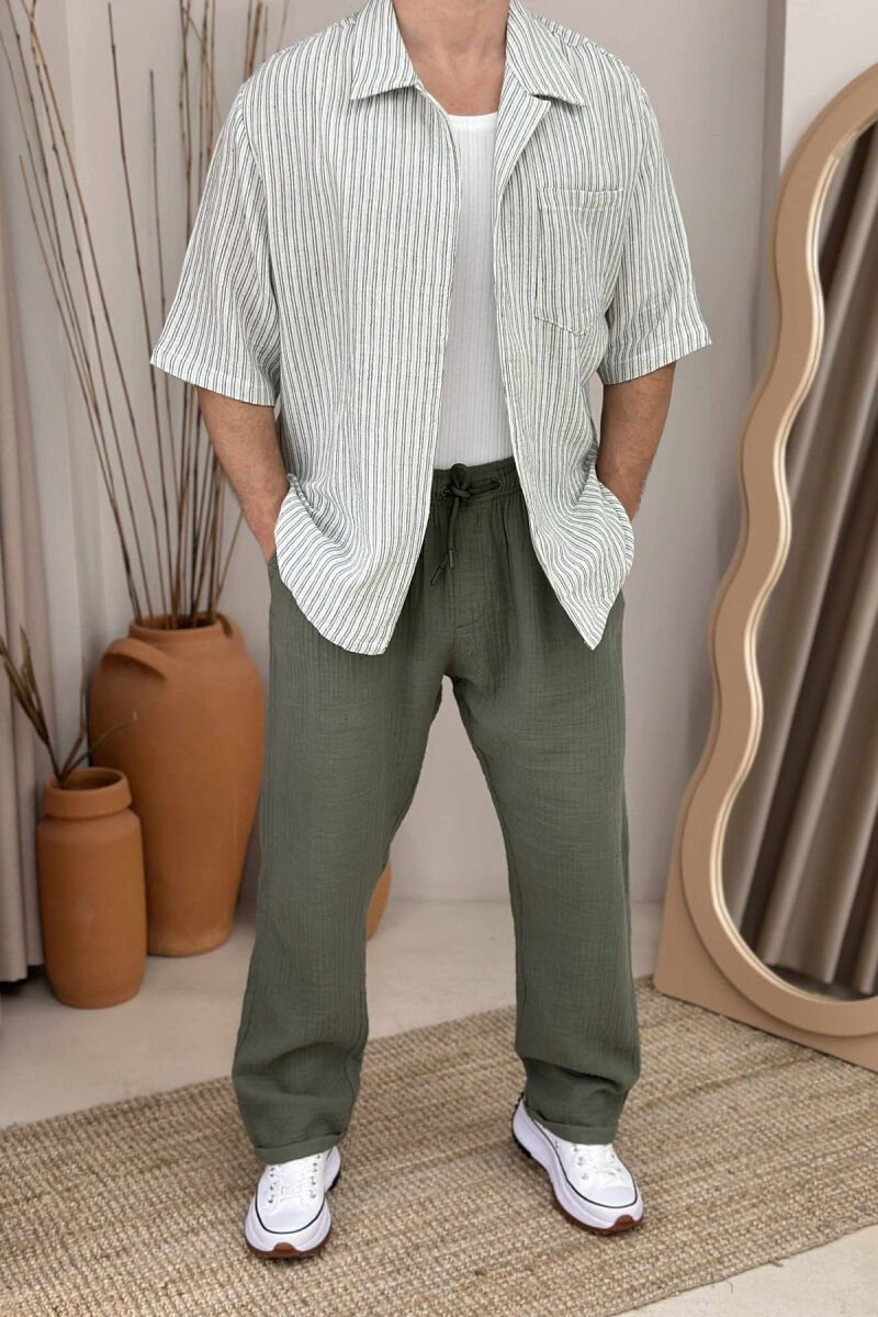 SINGLE POCKET SHORT SLEEVES STRIPED MEN SHIRT GREEN-CREAM/JESHILE-KREM - 1