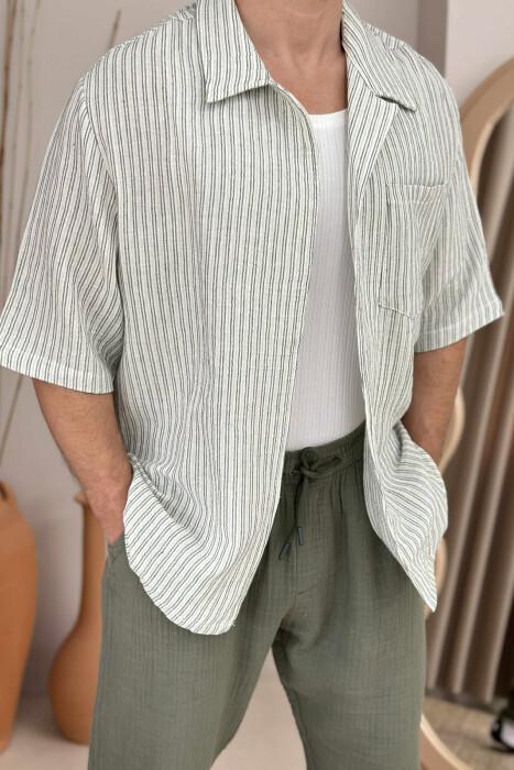 SINGLE POCKET SHORT SLEEVES STRIPED MEN SHIRT GREEN-CREAM/JESHILE-KREM - 2
