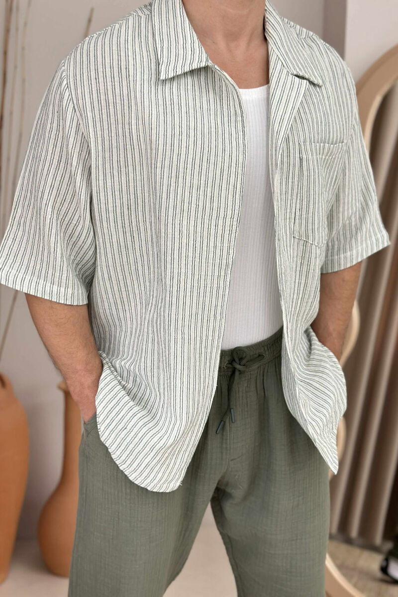 SINGLE POCKET SHORT SLEEVES STRIPED MEN SHIRT GREEN-CREAM/JESHILE-KREM - 2