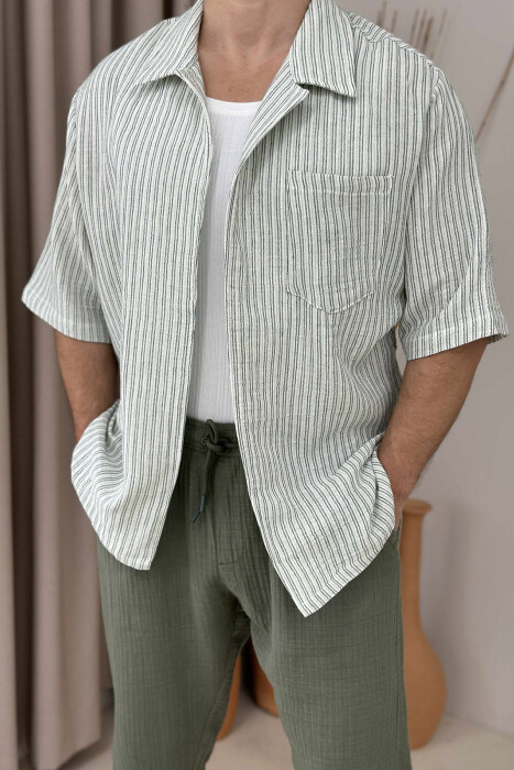 SINGLE POCKET SHORT SLEEVES STRIPED MEN SHIRT GREEN-CREAM/JESHILE-KREM - 3