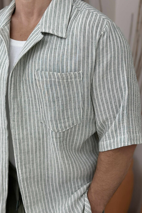 SINGLE POCKET SHORT SLEEVES STRIPED MEN SHIRT GREEN-CREAM/JESHILE-KREM - 4