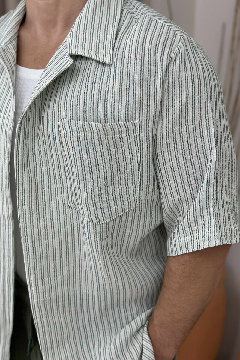 SINGLE POCKET SHORT SLEEVES STRIPED MEN SHIRT GREEN-CREAM/JESHILE-KREM - 4