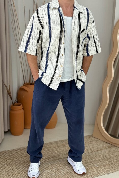 SINGLE POCKET SHORT SLEEVES STRIPES MEN SHIRT CREAM-BLUE/KREM-BLU - 1