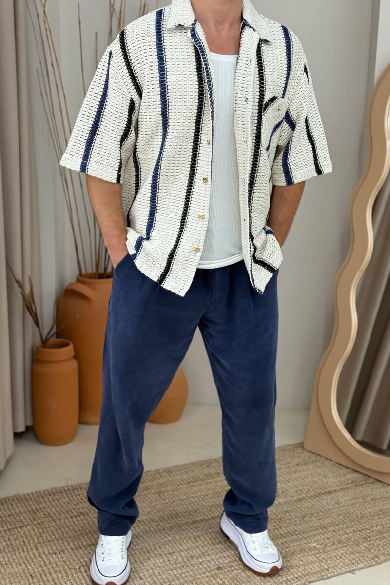 SINGLE POCKET SHORT SLEEVES STRIPES MEN SHIRT CREAM-BLUE/KREM-BLU - 1