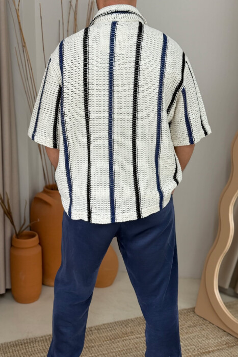 SINGLE POCKET SHORT SLEEVES STRIPES MEN SHIRT CREAM-BLUE/KREM-BLU - 2