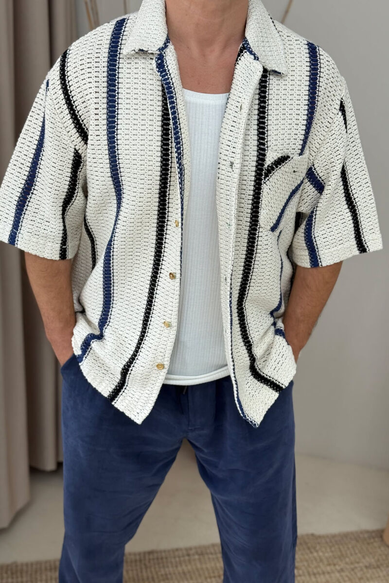 SINGLE POCKET SHORT SLEEVES STRIPES MEN SHIRT CREAM-BLUE/KREM-BLU - 3