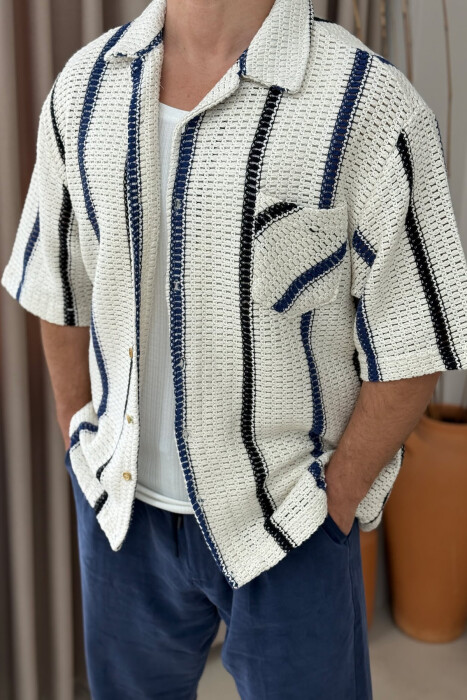 SINGLE POCKET SHORT SLEEVES STRIPES MEN SHIRT CREAM-BLUE/KREM-BLU - 4