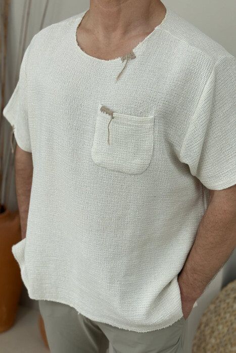 SINGLE POCKET SIMPLE MEN T-SHIRT CREAM/KREM - 2