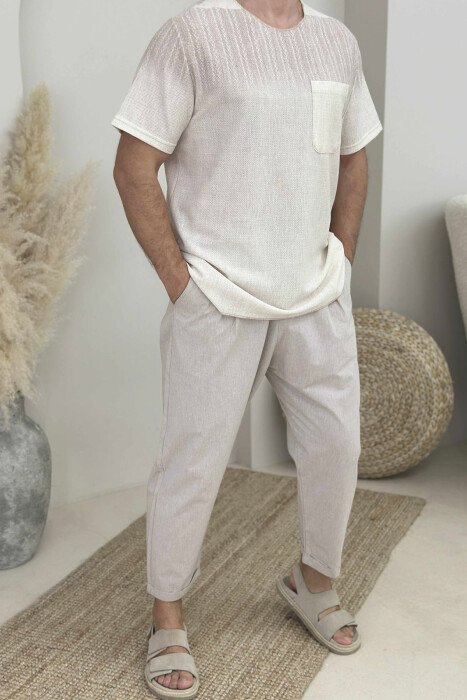 SINGLE POCKET SIMPLE MEN T-SHIRT CREAM/KREM - KLAUDIO FASHION