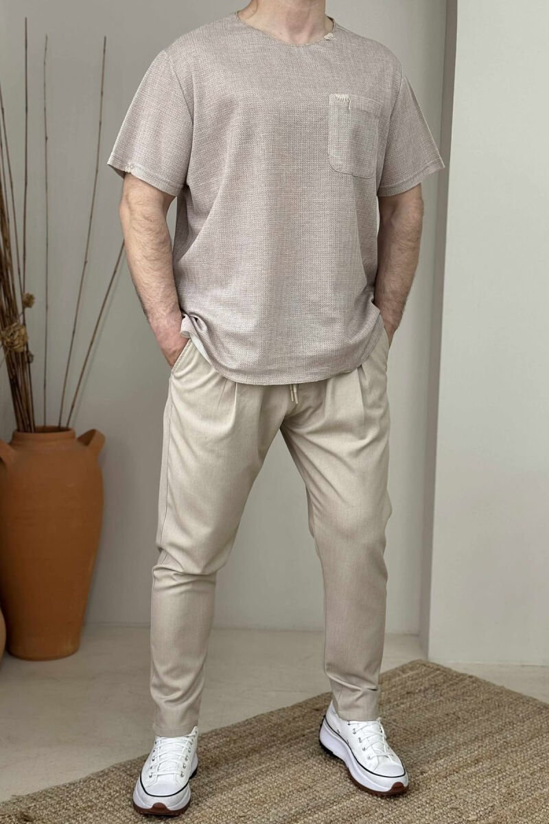 SINGLE POCKET SIMPLE MEN T-SHIRT LIGHT BEIGE/BZHZB - 1